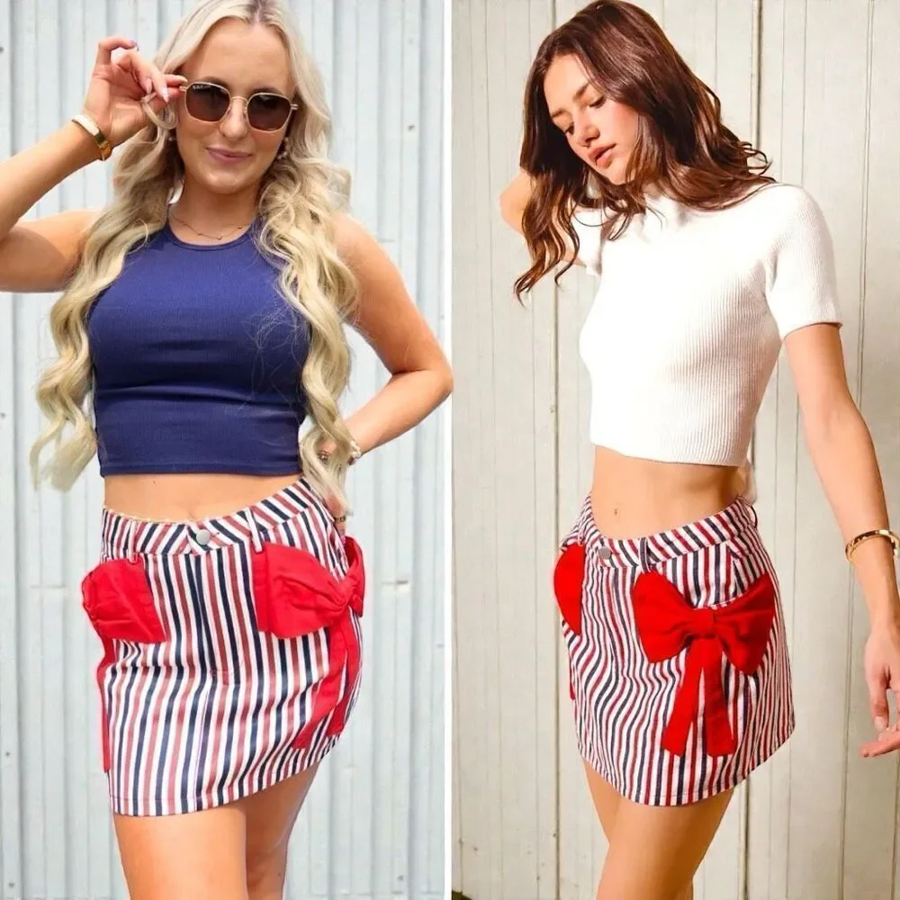 Denim Mini Skirt Patriotic Flag USA Red White Blue Striped Bow Pocket XL SO ME - Picture 3 of 13
